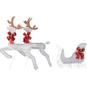 3-Piece Lighted Set Of 2 Reindeer & Sleigh, Weather Proof Christmas Outdoor Decorations With Pre-lit 270 LED White Lights And Stakes For Xmas Outdoor