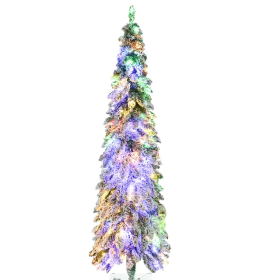 HOMCOM 6ft Tall Prelit Pencil Artificial Christmas Tree Holiday Decor With 407 Snow Flocked Branches, 250 Warm White Or Colorful LED Lights, Downswept