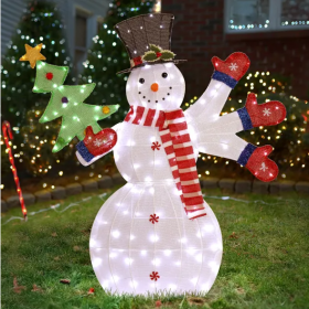 Lighted Snowman Christmas Yard Decorations, Pre-lit 2D Snowman Waving Hands With 170 LED Warm White Lights And Stakes For Xmas Outdoor Holiday Indoor