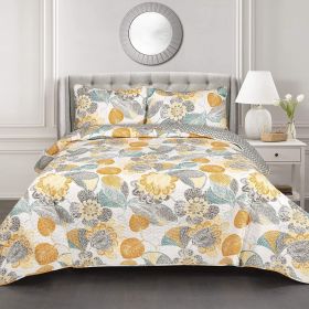 Full/Queen 3 Piece Reversible Yellow Grey Teal Floral Leaves Cotton Quilt Set