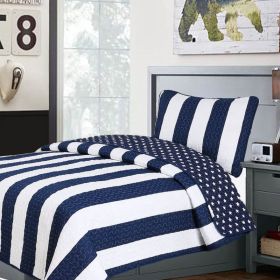 Twin 2 Piece Navy White Stars Stripes 100-Percent Cotton Reversible Quilt Set