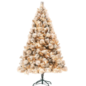 HOMCOM 6.5 Ft Pre-Lit Artificial Christmas Tree With 350 Clear Lights And 1107 Tips, Snow Flocked Christmas Tree With Metal Stand, Hinged Xmas Tree Fo