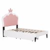 Twin Size Upholstered Princess Bed With Crown Headboard and 2 Drawers,Twin Size Platform Bed with Headboard and Footboard, Pink+White