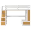 Full Size Loft Bed with Desk and Shelves, Two Built-in Drawers, Storage Staircase, White and Natural