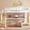 Full Size Loft Bed with Desk and Shelves, Two Built-in Drawers, Storage Staircase, White and Natural