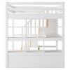 Full Size Loft Bed with Desk and Shelves, Two Built-in Drawers, Storage Staircase, White and Natural