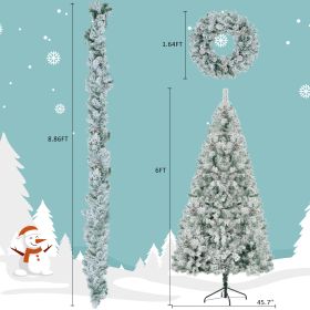 6 Feet Snow Covered Christmas Tree, Pre-Installed Light Set With Tree & Garland & Garland, Artificial Hinged Christmas Tree With Colored LED Lights, 8 (Option: White and green)