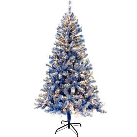 6 Foot Hinged Artificial Fir Christmas Tree With Pre-installed Lights And Snow Covered Artificial Holiday Christmas Tree (Color: Blue)